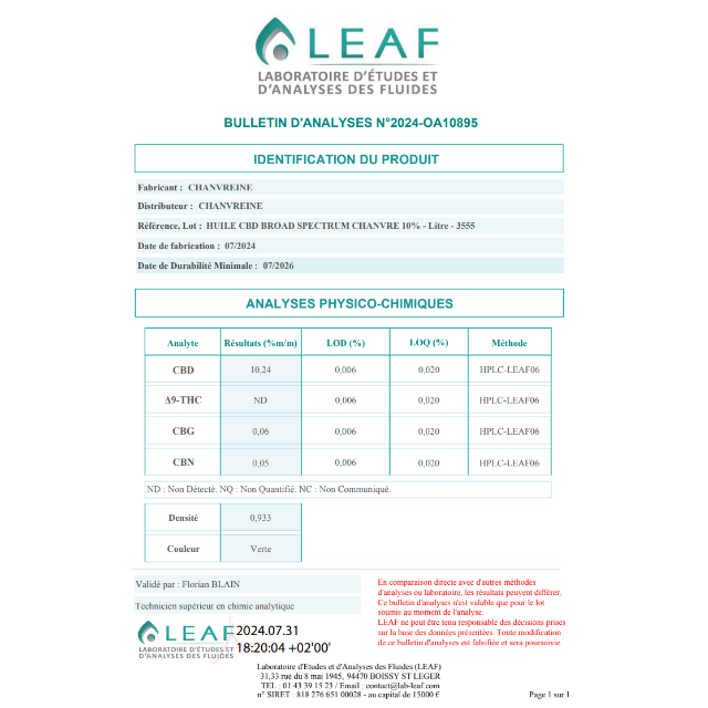  huile de chanvre certificate